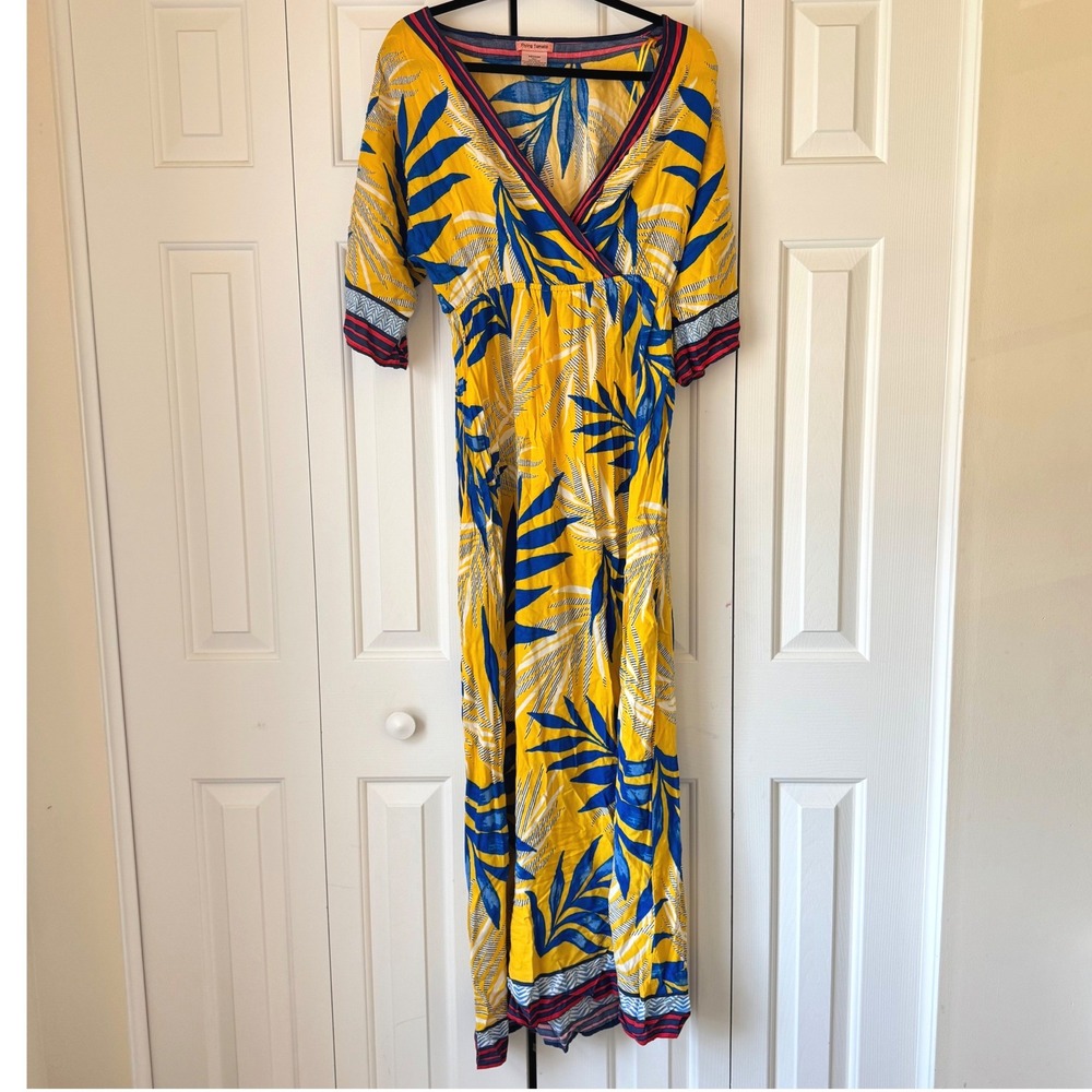 Flying Tomato Tropical Palm Print Maxi Dress Yellow Blue Boho Wrap V-Neck Medium